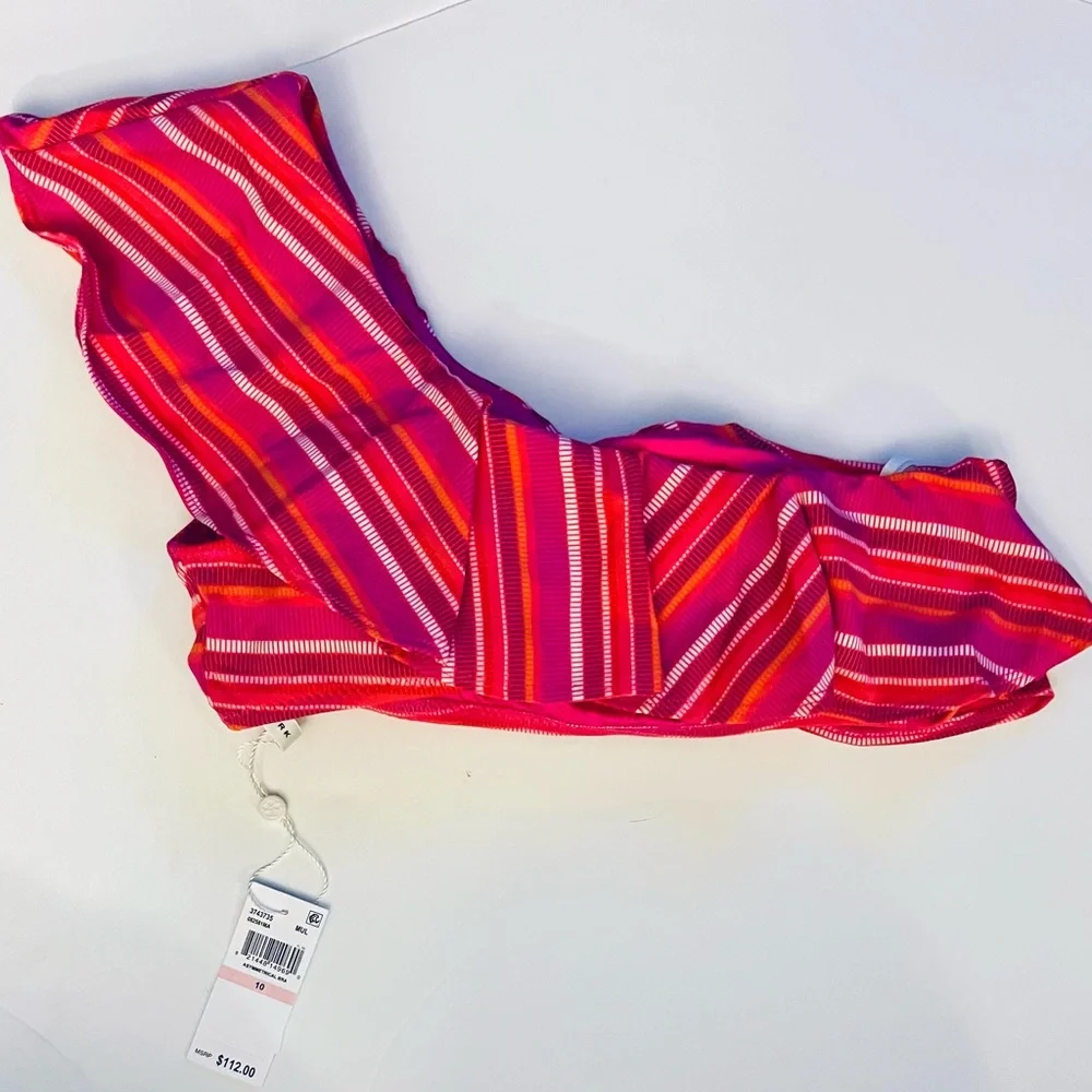 TRINA TURK Marai Ruffle Top & Hipster Bottom Bikini Set / Pink Stripe, Size 10 - Picture 3 of 13